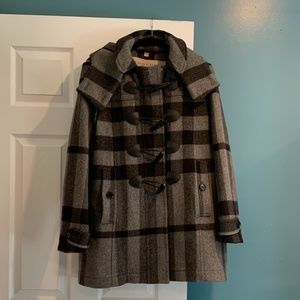 Burberry Brit Wool Gray & Black Plaid Duffel Coat